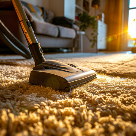 Vacuum cleaner cleaning carpet in living room at home. Housework concept.の素材