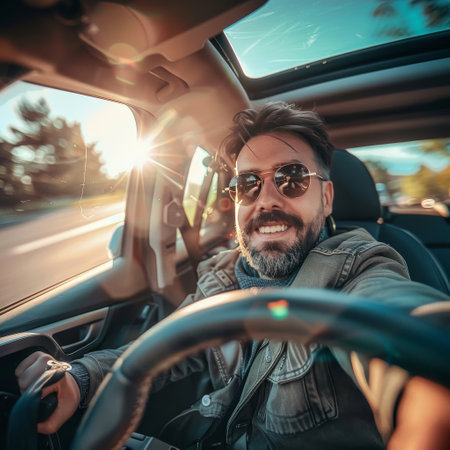 Handsome bearded man driving a car on the road in the summerの素材