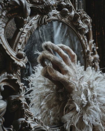 Vintage mirror and hand of a woman in a fur coat.の素材