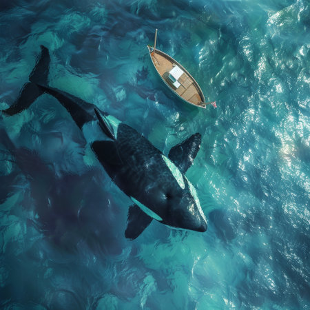 Aerial view of a killer whale and a boat in the seaの素材