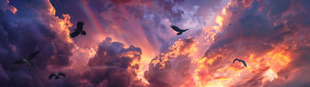 Beautiful sunset with birds in the sky. Panoramic bannerの素材