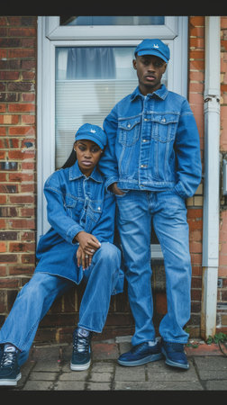 Portrait of african american couple in overalls sitting on stepsの素材