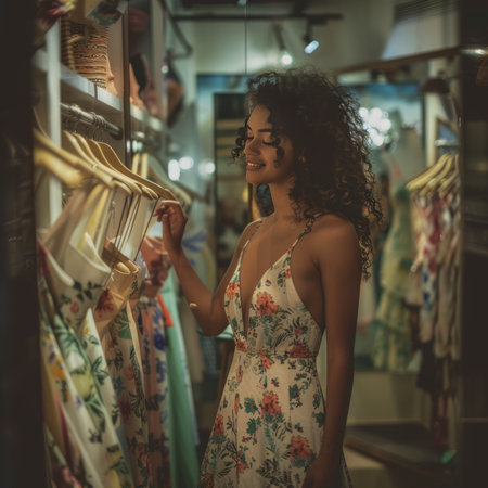 Beautiful young woman shopping in a clothing store. Beauty, fashion.の素材