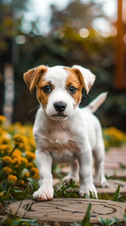 Jack russell terrier puppy sitting in the garden. Selective focus.の素材