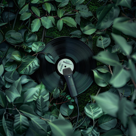 Vinyl record and microphone on green leaf background. Music concept.の素材