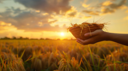 Rice field with hand holding basket on sunset background, agriculture and harvest conceptの素材