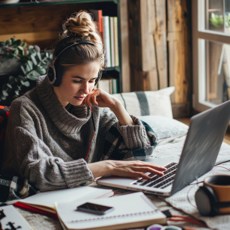 Young woman in warm sweater and headphones using laptop while sitting in cozy living room at homeの素材