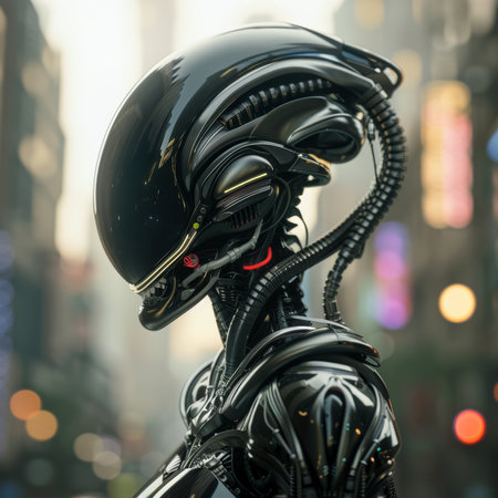 Cyborg with helmet in the city. 3D illustration. 3D rendering.の素材