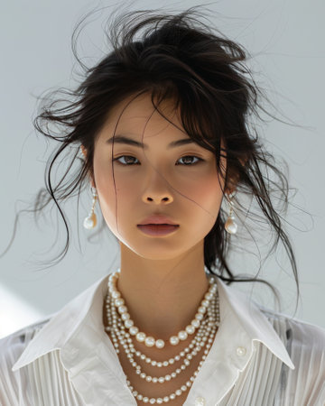 Portrait of a beautiful asian woman in white blouse and pearl necklaceの素材