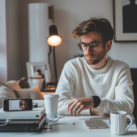 handsome young man in eyeglasses using smartphone and drinking coffee at homeの素材