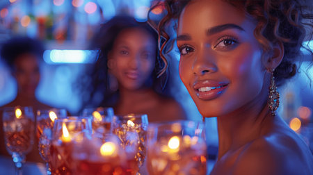 Portrait of a beautiful African-American woman in a nightclub.の素材