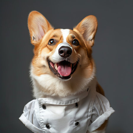 Portrait of cute welsh corgi dog in a white shirt on a gray backgroundの素材