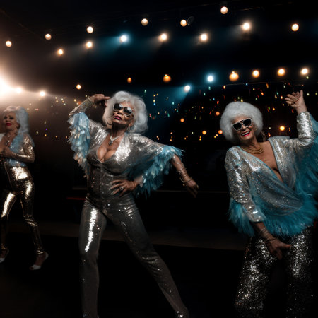 Beautiful young women dancing in the night club. Fashion photo.の素材
