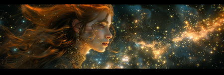 Portrait of a beautiful girl on a background of stars and nebulaの素材