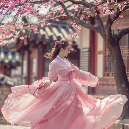 Beautiful asian girl in kimono with sakura flowersの素材