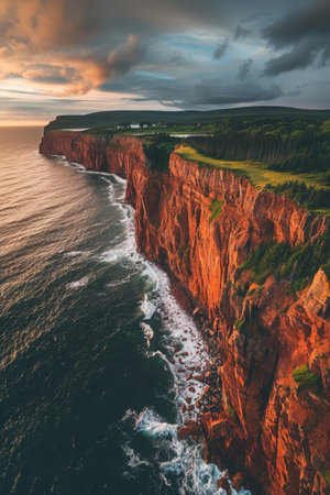 Aerial view of cliffs at sunset, Cape BretonScotia, Canadaの素材