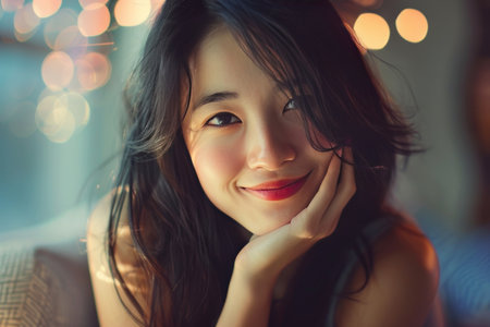 Beautiful asian woman smiling and looking at camera in coffee shopの素材
