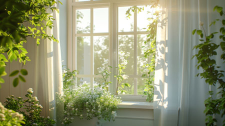 Beautiful white flowers on a window sill in the morning light.の素材