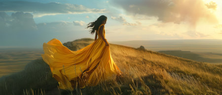 Beautiful young woman in a long yellow dress on the hill at sunsetの素材