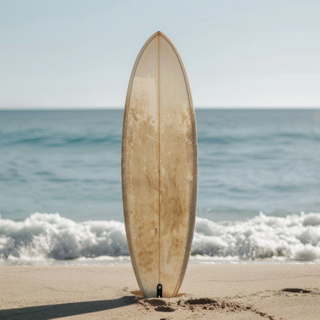 Surfboard on the beach with ocean and blue sky background.の素材