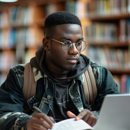 Serious african american male student in eyeglasses reading book while sitting in libraryの素材