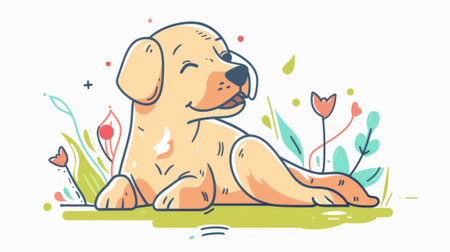Labrador retriever sitting in the grass. Vector illustration in cartoon style.の素材