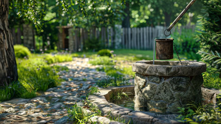 Old well in the garden in a summer sunny day. Selective focus.の素材