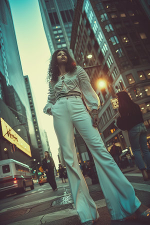 Beautiful young brunette woman in New York City, wearing white pants and blouse, walking down the street.の素材