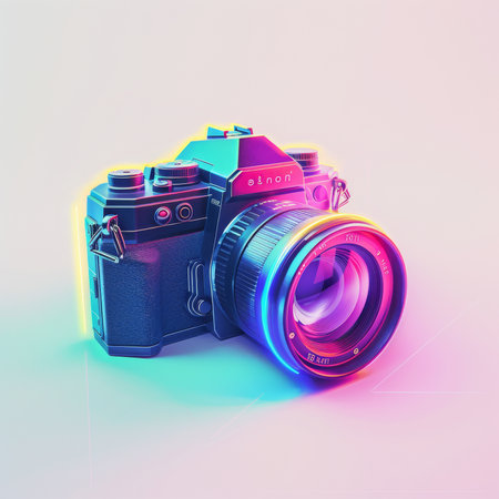 Retro camera with lens on a colored background. 3d renderingの素材