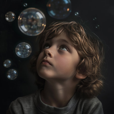 Little boy playing with soap bubbles on dark background. Studio shot.の素材