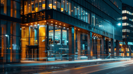 Modern office building at night with light trails on the street and moving carsの素材
