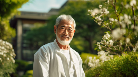 Portrait of senior asian man in garden. Elderly people lifestyle concept.の素材