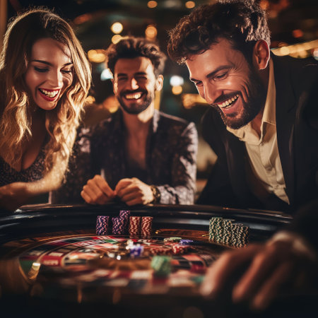 Group of young people playing roulette in casino. Gambling and entertainment concept.の素材