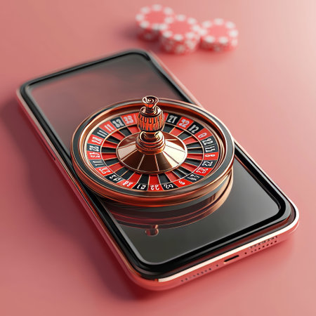 Roulette wheel and mobile phone on a red background. 3d renderingの素材