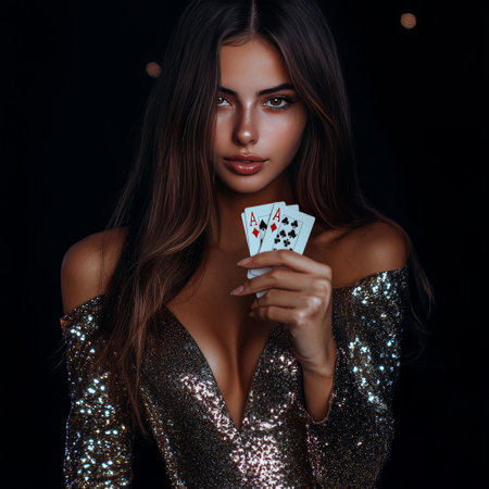Portrait of a beautiful young woman in a shiny dress holding playing cards on a black backgroundの素材