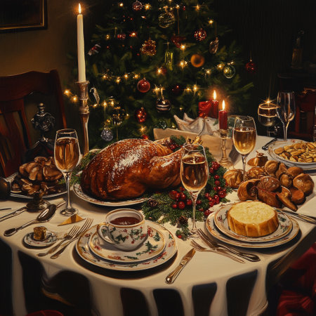 Christmas dinner with roast turkey on the festive table. Vintage style.の素材