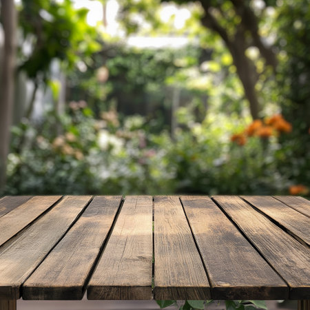Empty wooden table and blurred background of garden. For product display.の素材