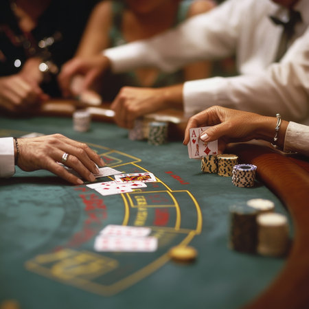 Croupier playing poker at the casino. Close up of hands with cards and chips.の素材