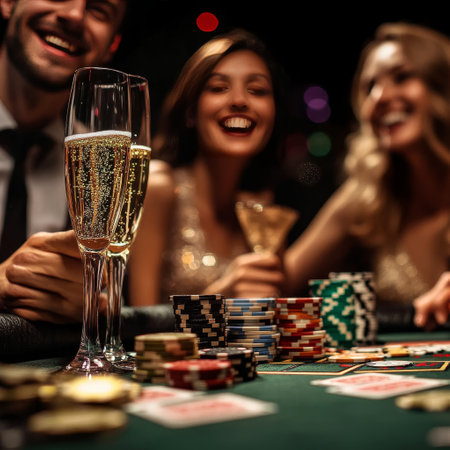 Young people playing poker in casino. Focus on two glasses of champagneの素材