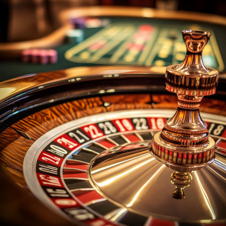 Casino roulette wheel and chips on table in casino. Casino concept.の素材