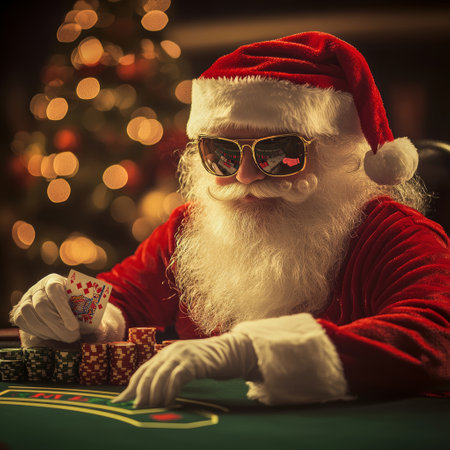 Santa Claus playing poker at the casino. Christmas and New Year concept.の素材