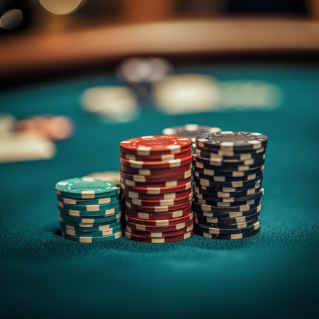 Poker chips on green table in casino. Selective focus.の素材