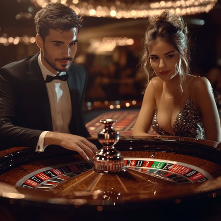 Couple playing roulette in casino. Man and woman in black suits.の素材