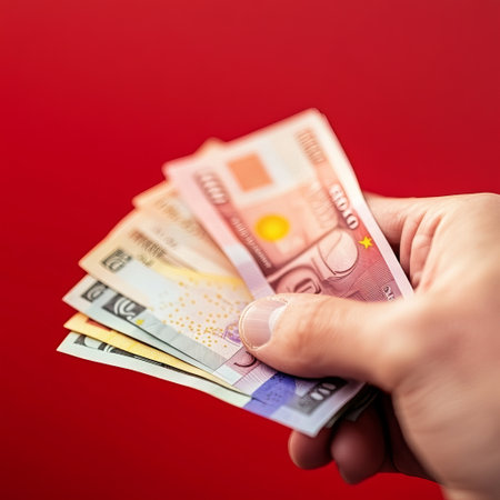Close up of male hand holding euro banknotes on red background.の素材