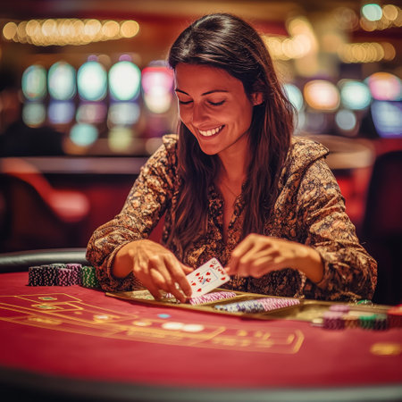 Beautiful young woman playing poker at the casino. Casino concept.の素材