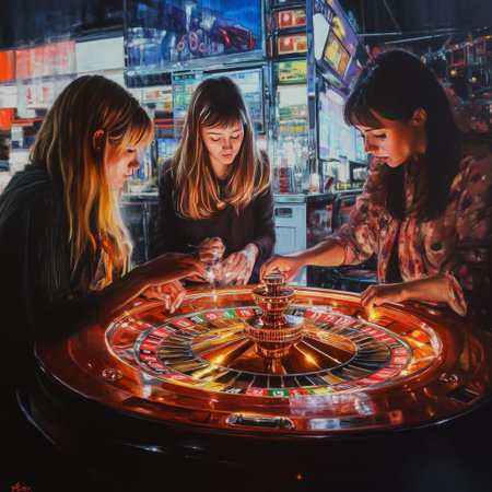 Group of young women playing roulette in casino. Casino gambling.の素材
