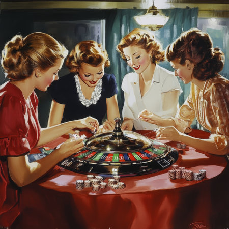 Group of young women playing roulette in casino. Retro style.の素材
