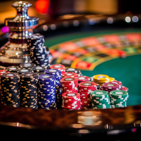 Casino roulette table with chips and cards, shallow depth of fieldの素材