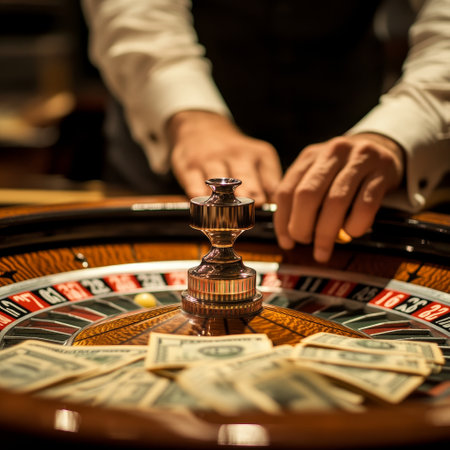 Man playing roulette in casino. Casino roulette wheel with moneyの素材