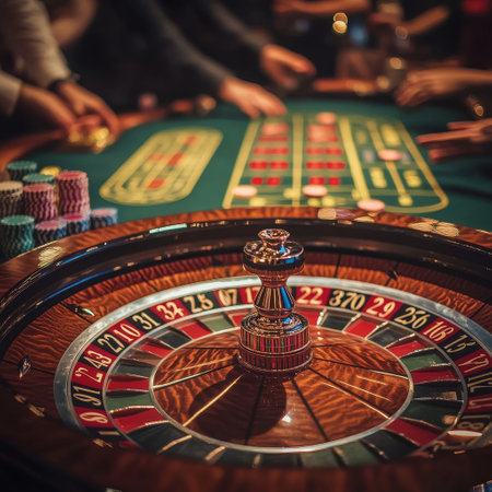 Casino roulette table with chips and roulette wheel. Casino backgroundの素材